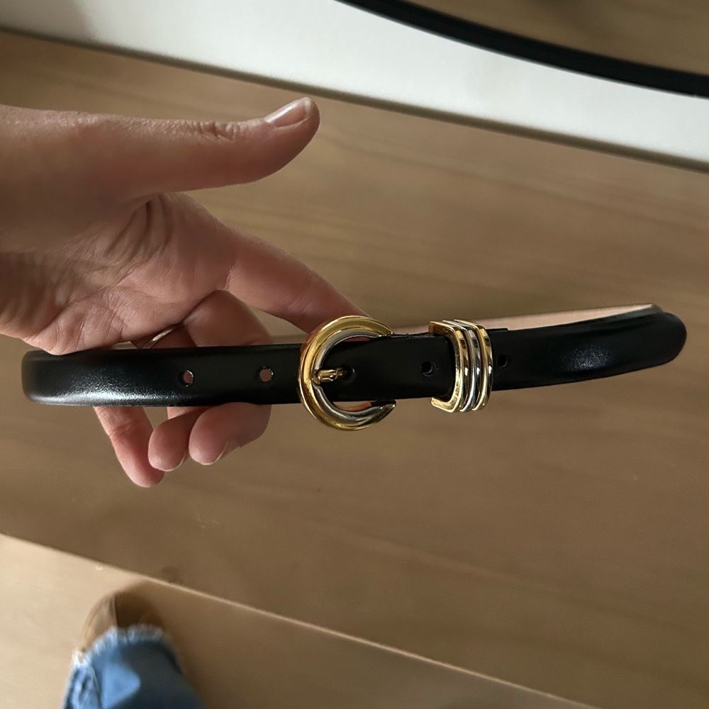 Madewell Black Leather Belt with Gold Triple-Ring Buckle